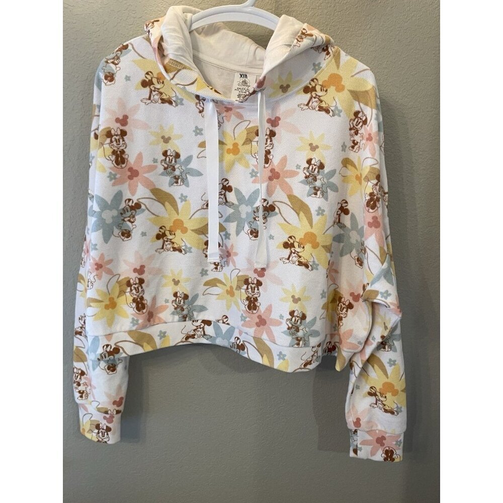 Disney Hawaiian Floral Minnie Mouse Cropped Hoodie Sweatshirt LARGE‎ Crop top